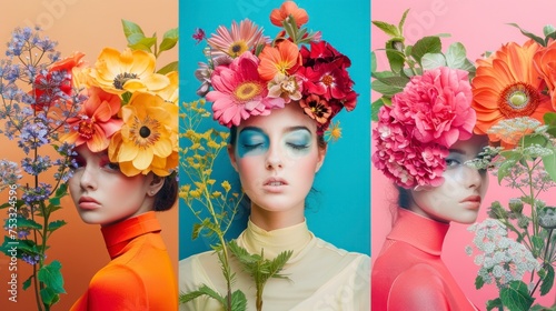 beautiful professional flower makeup on beautiful women in studio with colorful background © Marco