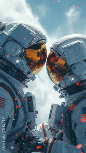 Astronaut couple against clouds in the sky, symbolizing undying love, romance and companionship. Their suits are detailed and realistic, reflecting the latest in space exploration gear