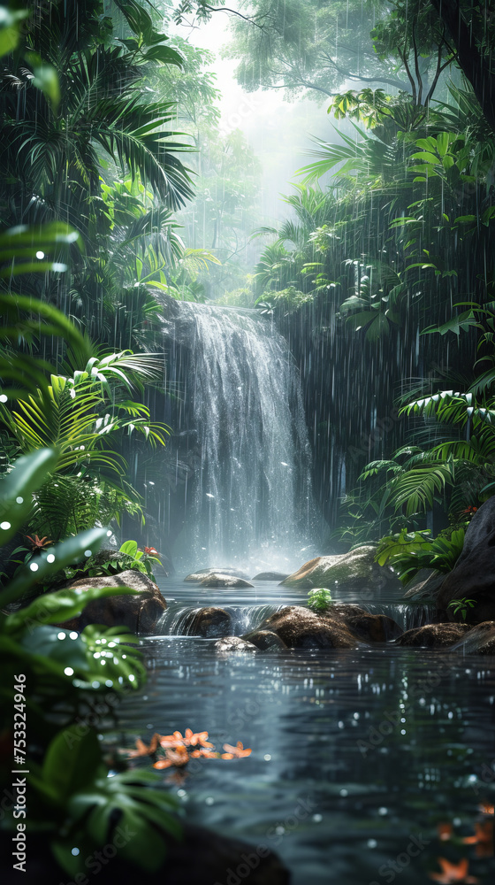 Vibrant jungle surrounded by towering trees and lush foliage on a rainy day. Concept of the depth of the greenery, and the refreshing essence of a rainy day in wilderness Vibrant jungle surrounded by towering trees and lush foliage on a rainy day. Concept of the depth of the greenery, and the refreshing essence of a rainy day in wilderness