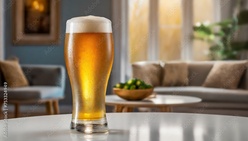 white table with glass of cold beer with out of focus background of blurry empty interior of living room of cozy house, space for text
white table with glass of cold beer with out of focus background of blurry empty interior of living room of cozy house, space for text
