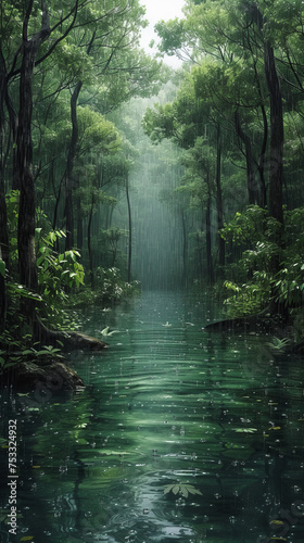 Vibrant jungle surrounded by towering trees and lush foliage on a rainy day. Concept of the depth of the greenery  and the refreshing essence of a rainy day in wilderness