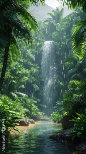 Vibrant jungle surrounded by towering trees and lush foliage on a rainy day. Concept of the depth of the greenery, and the refreshing essence of a rainy day in wilderness