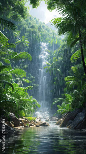 Vibrant jungle surrounded by towering trees and lush foliage on a rainy day. Concept of the depth of the greenery  and the refreshing essence of a rainy day in wilderness