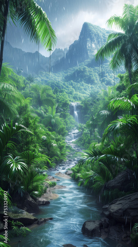 Vibrant jungle surrounded by towering trees and lush foliage on a rainy day. Concept of the depth of the greenery  and the refreshing essence of a rainy day in wilderness