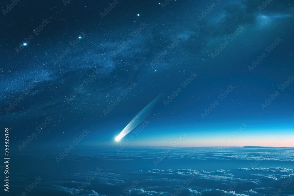 a comet passing by Earth tail glowing brightly against the night sky