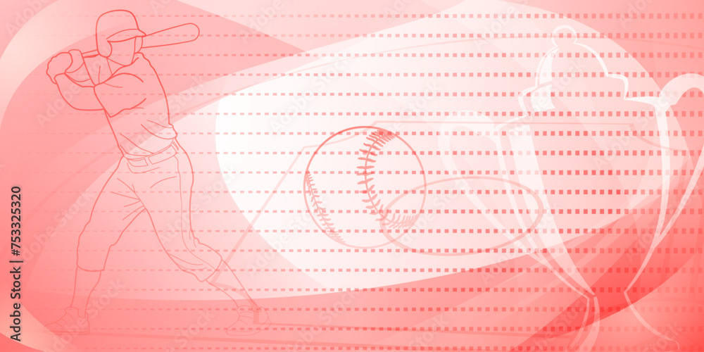 Baseball themed background in red tones with abstract dotted lines and curves, with silhouettes of a baseball field, cup, ball and batsman - obrazy, fototapety, plakaty 