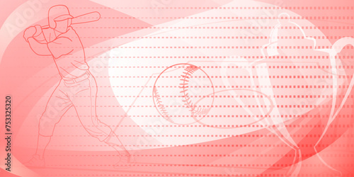 Baseball themed background in red tones with abstract dotted lines and curves, with silhouettes of a baseball field, cup, ball and batsman