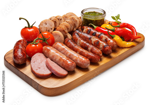 A variety of grilled sausages accompanied by fresh tomatoes, chili peppers, and a jar of sauce, all displayed on a wooden cutting board.