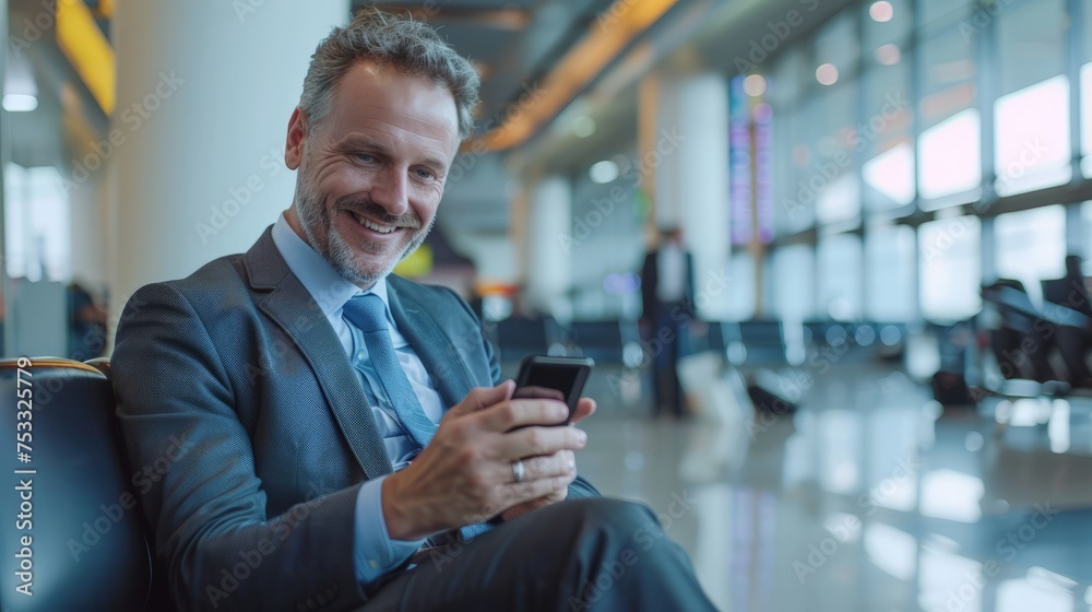 Airport Terminal Flight Wait: Smiling Businessman Uses Smartphone for e Business, Browsing Internet with an App. Airport Terminal Flight Wait: Smiling Businessman Uses Smartphone for e Business, Browsing Internet with an App.