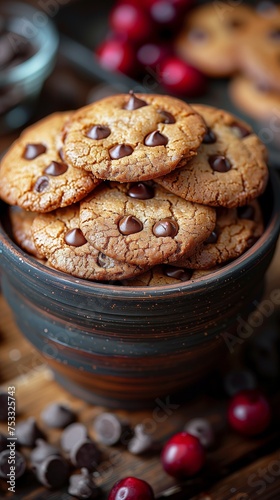 A bowl filled with chocolate chip cookies sitting on top of a table.