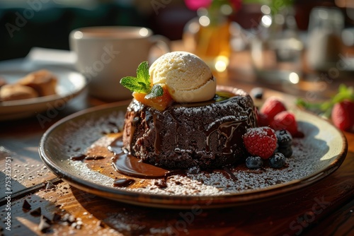 A dessert made of brownie and ice cream served on a plate
