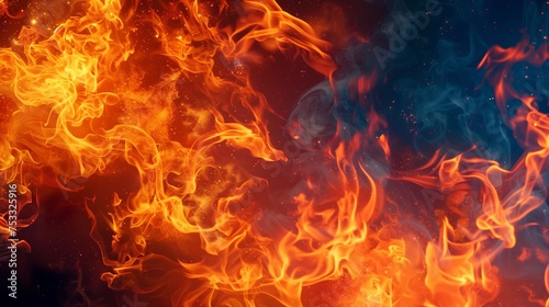 A depiction of a roaring fire emitting bright orange and red flames, engulfing its surroundings in a blaze of intense heat.