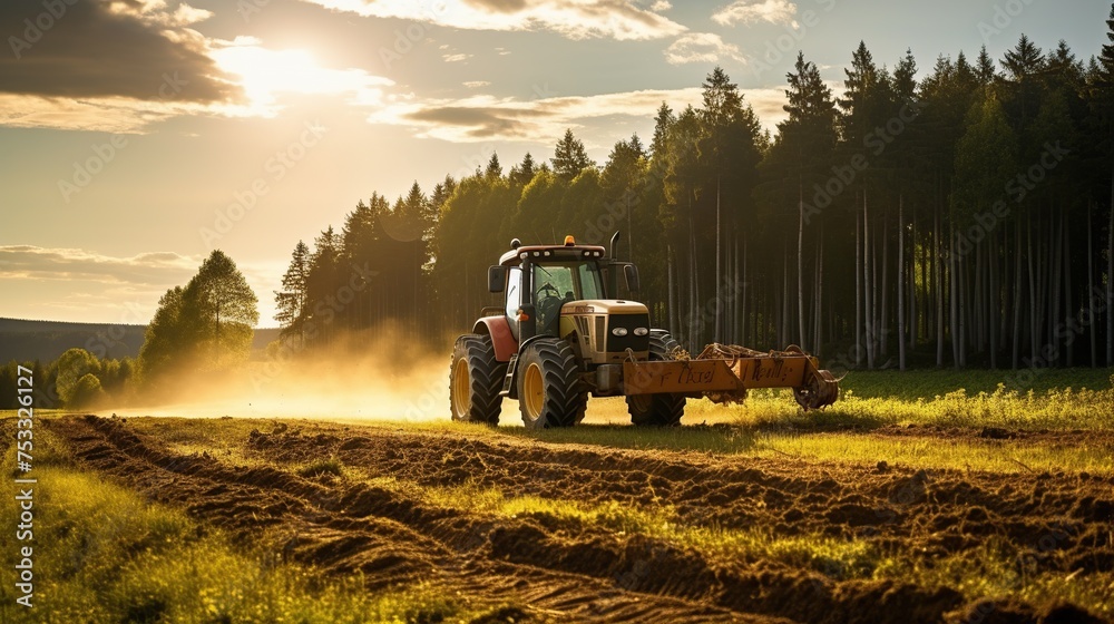 Fototapeta premium a tractor sprays pesticide on a field, in the style of massurrealism, light red and dark green, bold saturation innovator, organic realism, quantumpunk, photorealism, photography, golden ratio composi