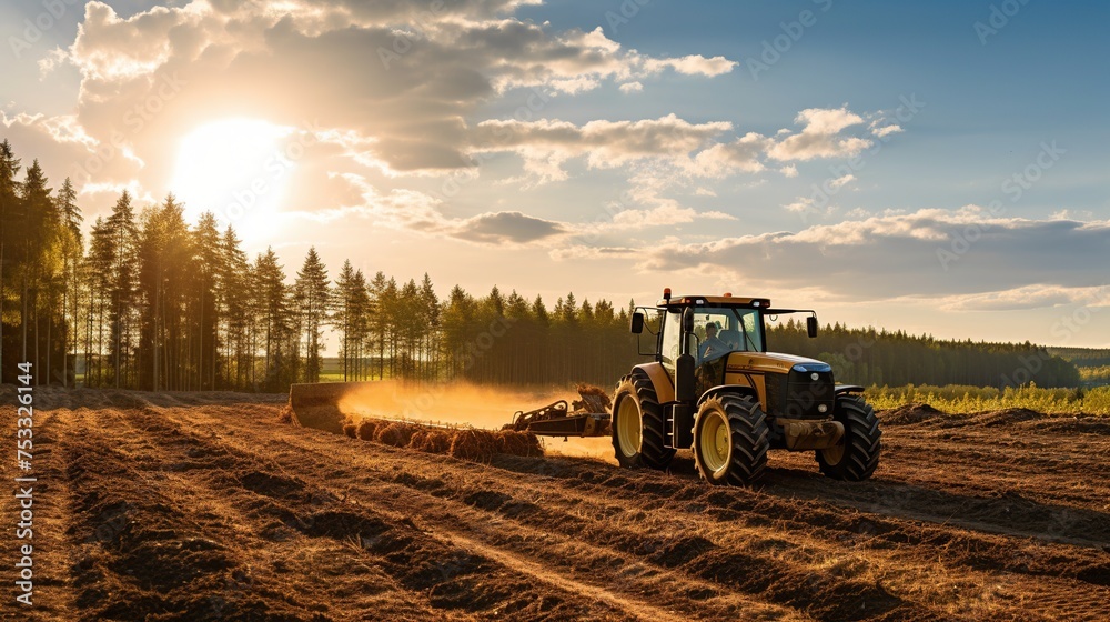 Fototapeta premium a tractor sprays pesticide on a field, in the style of massurrealism, light red and dark green, bold saturation innovator, organic realism, quantumpunk, photorealism, photography, golden ratio composi