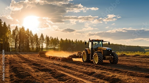 a tractor sprays pesticide on a field, in the style of massurrealism, light red and dark green, bold saturation innovator, organic realism, quantumpunk, photorealism, photography, golden ratio composi