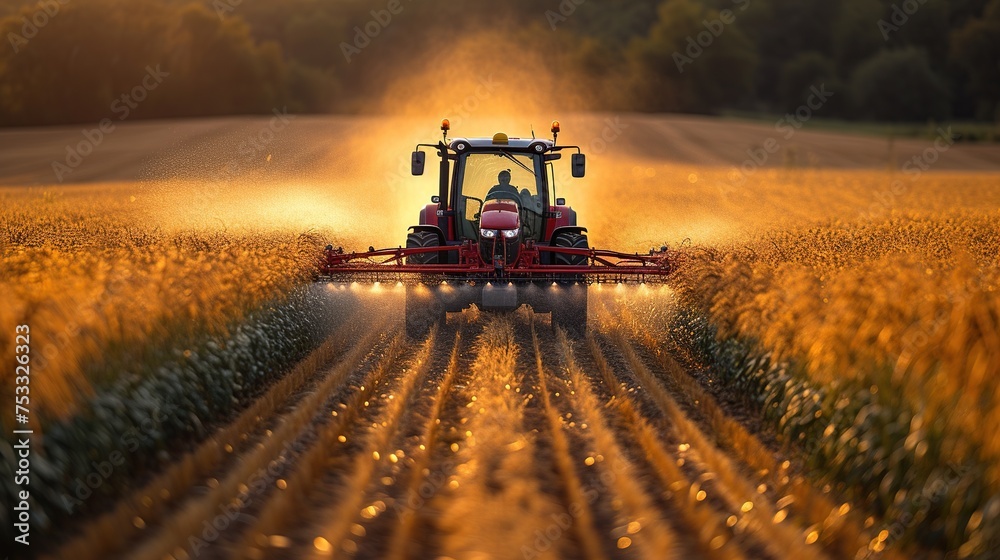 a tractor sprays pesticide on a field, in the style of massurrealism, light red and dark green, bold saturation innovator, organic realism, quantumpunk, photorealism, photography, golden ratio composi a tractor sprays pesticide on a field, in the style of massurrealism, light red and dark green, bold saturation innovator, organic realism, quantumpunk, photorealism, photography, golden ratio composi