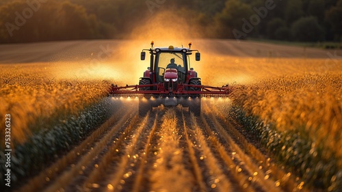 a tractor sprays pesticide on a field, in the style of massurrealism, light red and dark green, bold saturation innovator, organic realism, quantumpunk, photorealism, photography, golden ratio composi