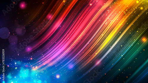 Creative black background with rainbow flare overlay. Colorful streaks of light, vibrant colors on background