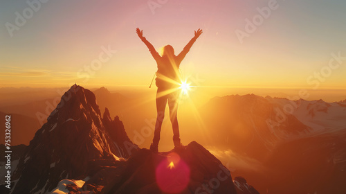 The successful woman exudes joy as she achieves her objective. She leaps to the summit of the mountain, her arms outstretched to embrace the new day dawning with the sunrise.