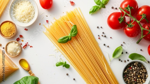 Spaghetti with various ingredients for cooking pasta on a white background, top view. Flat lay