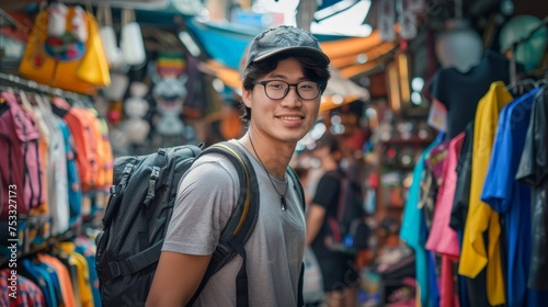 Young Asian traveling backpacker in Khaosan Road outdoor market