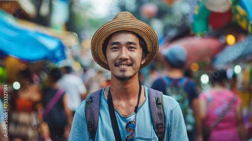 Young Asian traveling backpacker in Khaosan Road outdoor market photo