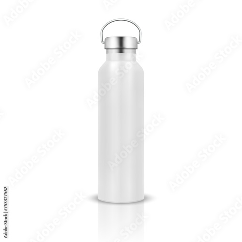 Vector Realistic 3d White Color Metal or Plastic Blank Glossy Reusable Water Bottle with Silver Bung Closeup Isolated on White Background. Design Template of Packaging Mockup. Front View