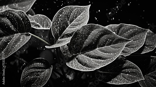 black and white photograph of a green leafy plant on a black background, in the style of pointillist dots and dashes, aztec art, dark white and light gray, the stars art group (xing xing), luxurious w photo