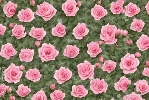 Floral nature background with pink roses, rose buds, and green leaves 