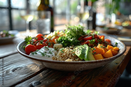 a bowl of food with quinoa  vegetables and avocado on a wooden table
