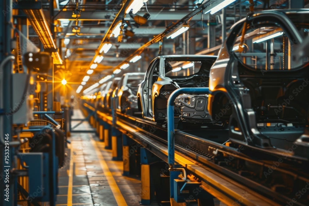 A car assembly line with a car on the conveyor belt