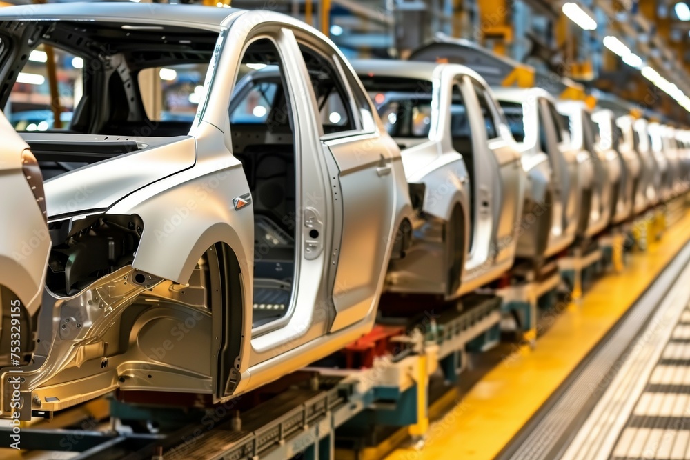 A line of cars are being built in a factory A line of cars are being built in a factory
