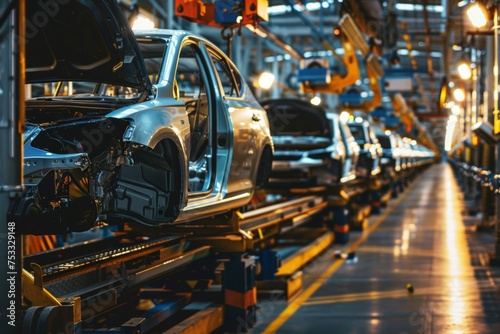 A car is being built in a factory