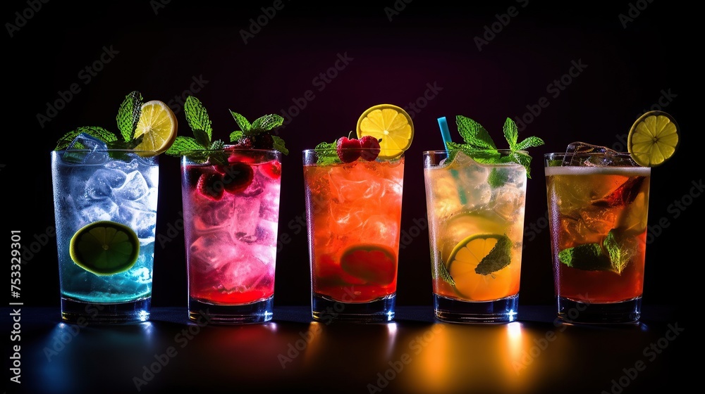 Cocktails in the bar on a black background. Close-up Cocktails in the bar on a black background. Close-up