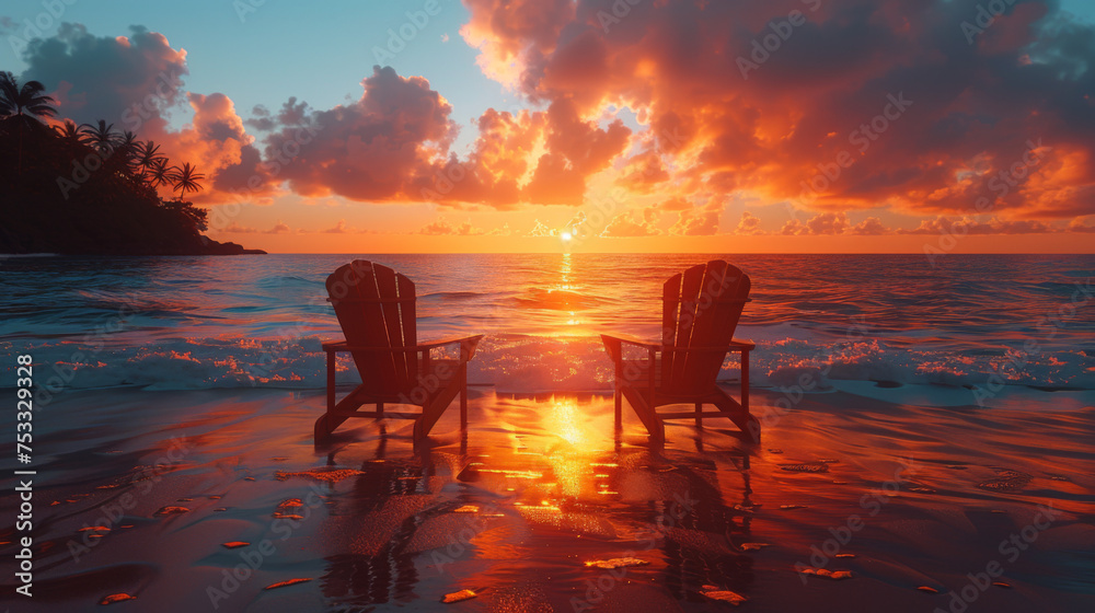 Hawaiian Vacation Sunset Concept, Two Beach Chairs at Sunset.