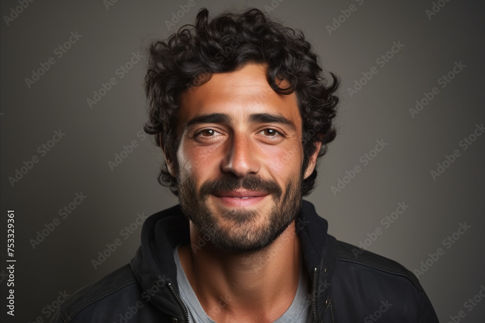 Portrait of a handsome young man with long curly hair and beard. Portrait of a handsome young man with long curly hair and beard.