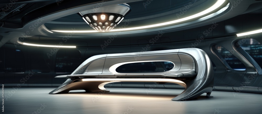 Futuristic interior with steel frame design Beneath a steel bench view