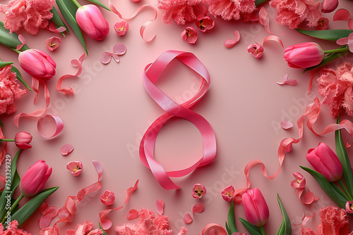 Pink Tulips and Ribbon on Pastel Background for Women's Day
