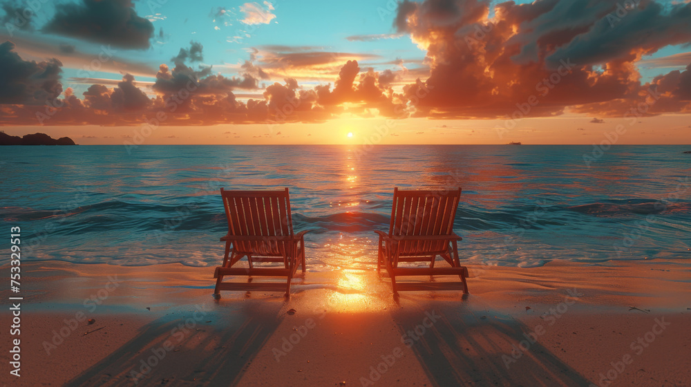 Hawaiian Vacation Sunset Concept, Two Beach Chairs at Sunset.