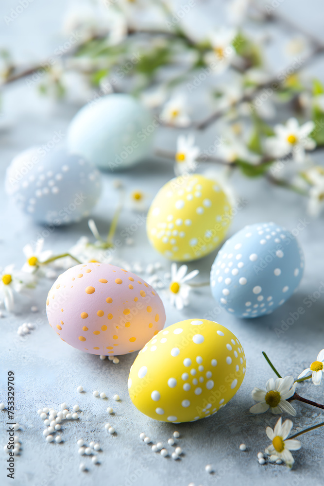 Colorful Speckled Easter Eggs in a Basket with Spring Blossoms Colorful Speckled Easter Eggs in a Basket with Spring Blossoms