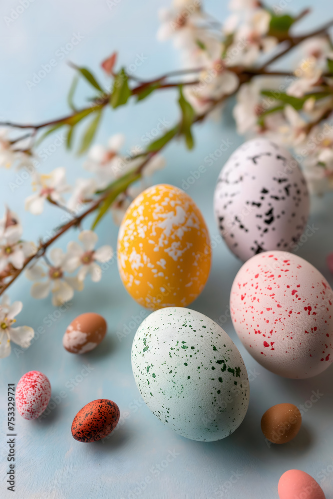 Colorful Speckled Easter Eggs in a Basket with Spring Blossoms