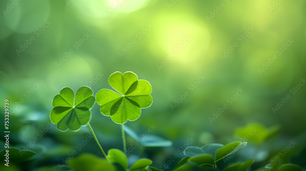 Serene Four-Leaf Clover in Lush Greenery and Dappled Light Serene Four-Leaf Clover in Lush Greenery and Dappled Light