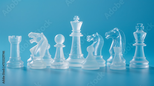 Glass Chess Pieces on a Blue Background © slonme