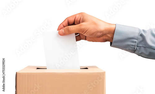 Hand placing one  vote in voting ballot box, transparent background, PNG format