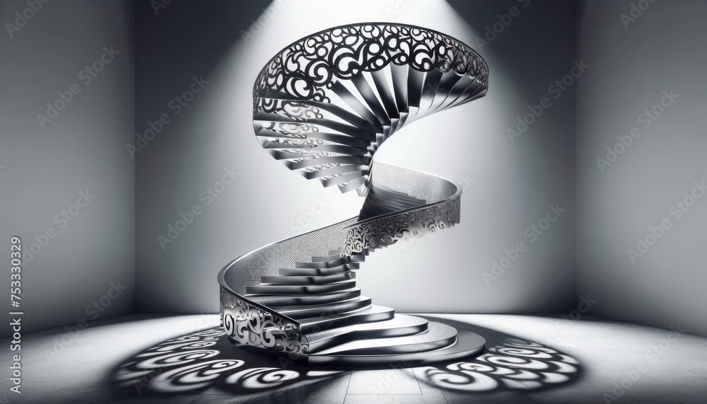 Monochromatic Ornate Spiral Staircase with Shadow Play Monochromatic Ornate Spiral Staircase with Shadow Play
