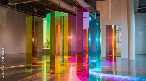 Modern art installation with translucent prisms and vibrant reflections