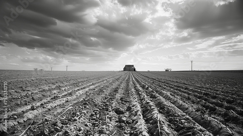 A monochrome image depicts a barren, desolate farm field during the Great Depression, marked by a lack of yield and impoverished conditions.