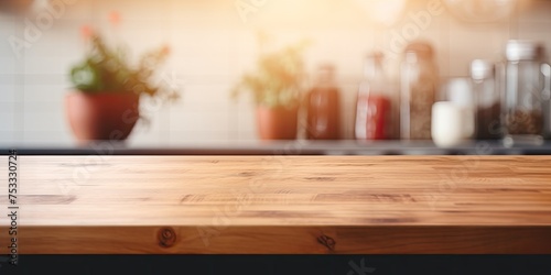Blurry kitchen counter background with a wooden tabletop. © Vusal