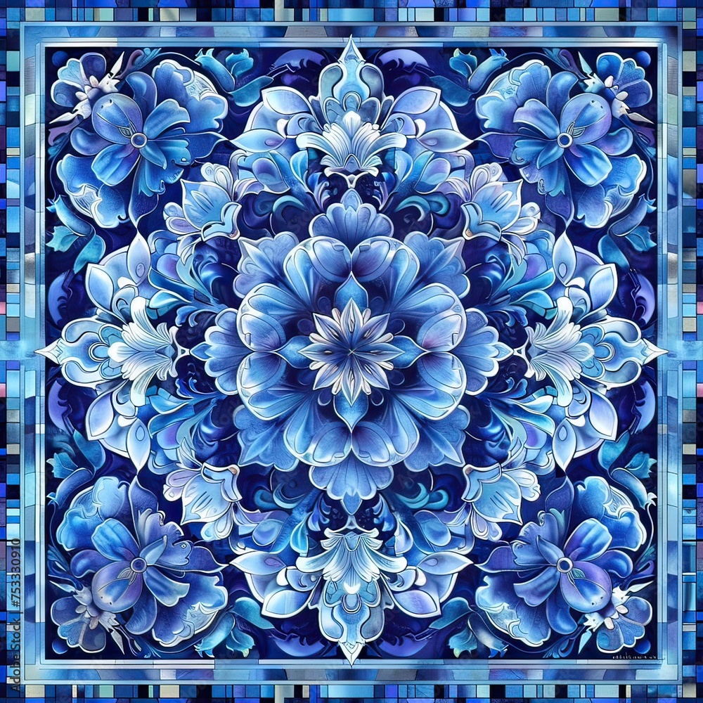 Obraz premium Symmetrical abstract batik for rugs, blue