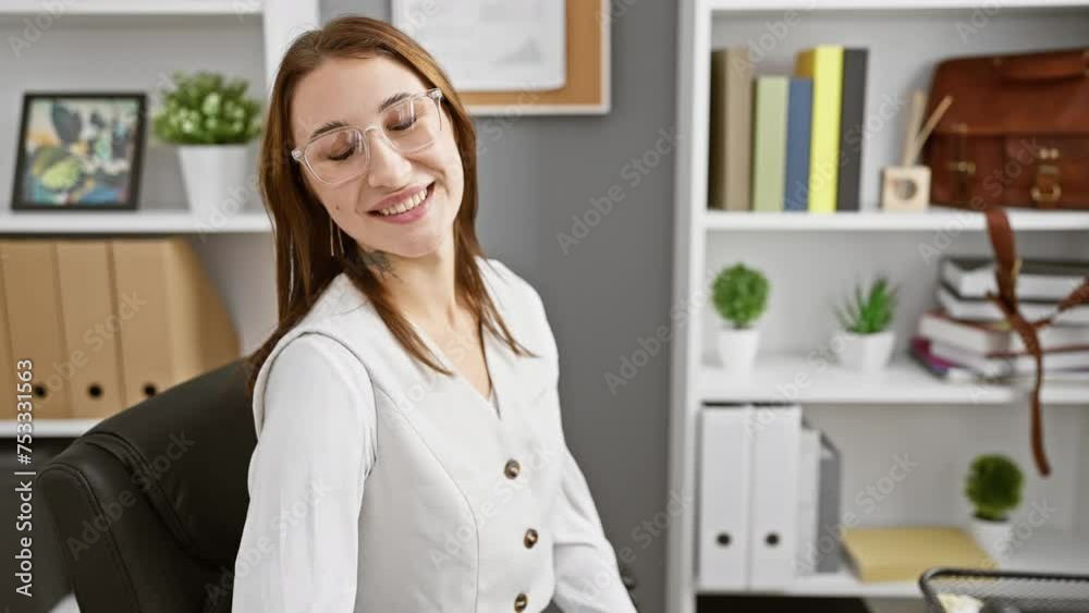 Confident young brunette girl with a natural smile looking sideways, posing in profile while on her laptop at the office. Confident young brunette girl with a natural smile looking sideways, posing in profile while on her laptop at the office.